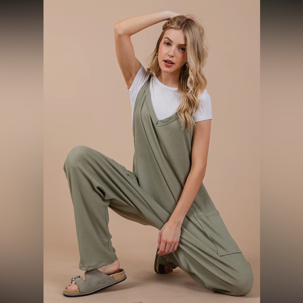 Boho Yarn dye striped sleeveless casual romper Olive Green Jumpsuit